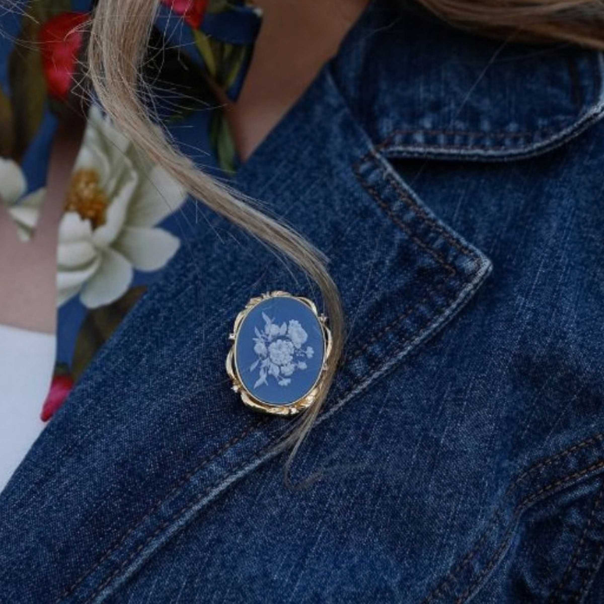 Blue Floral Cameo Brooch