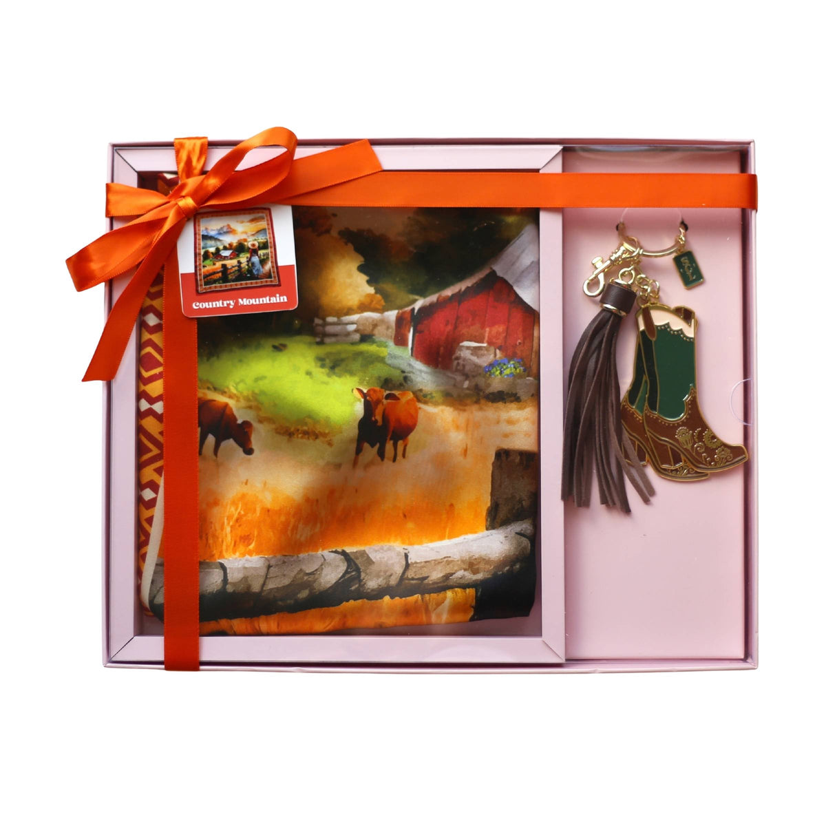 Country Mountain Silk Scarf Gift Set with Keychain