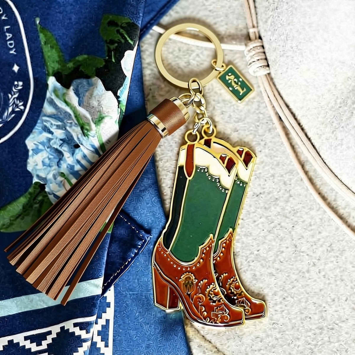 Studded Paisley Cowgirl Boots Keychain or Bag Charm